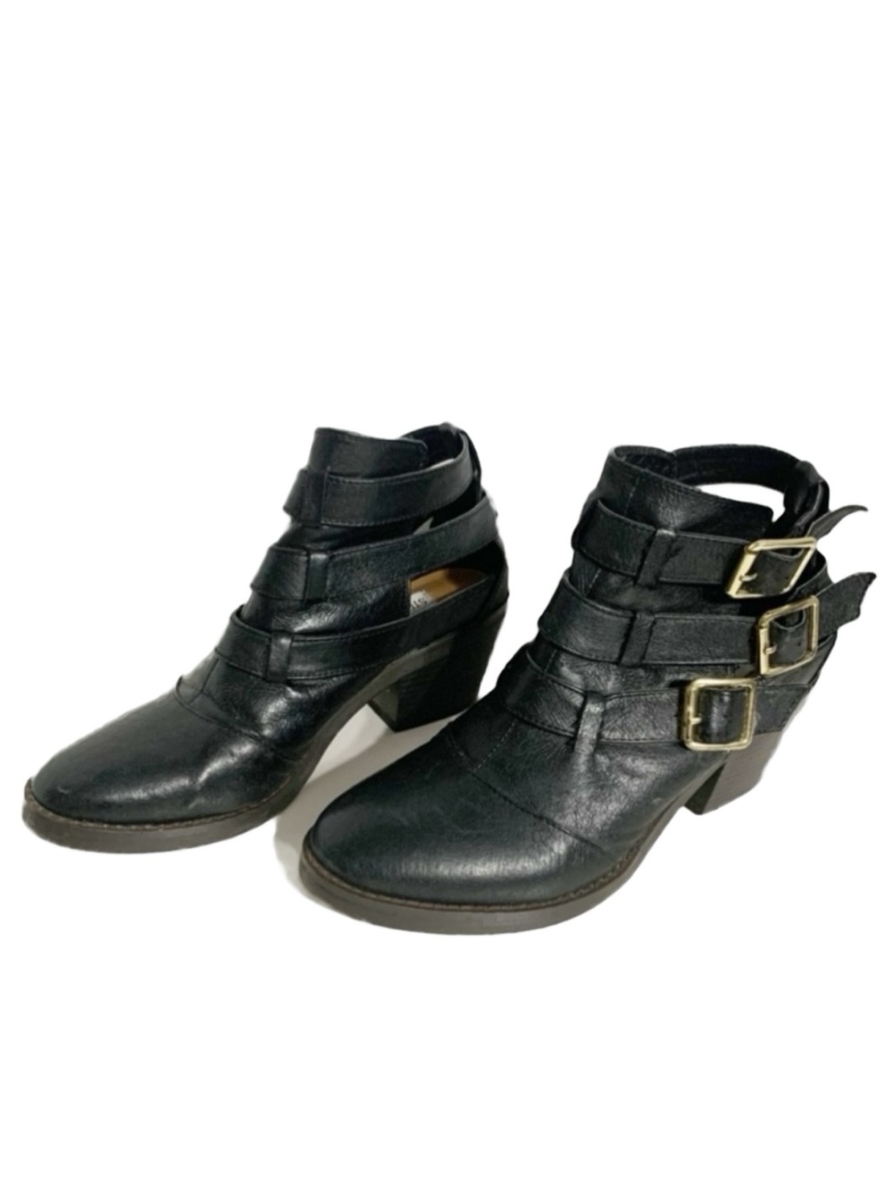 Steve Madden Repo Leather Ankle Booties Size 6M Black Three Straps with Buckles
